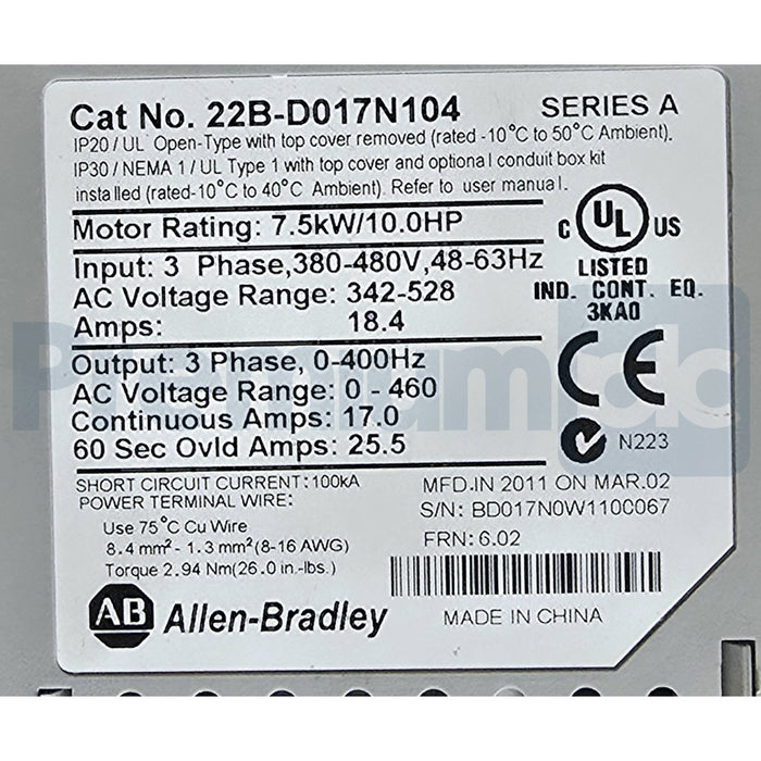ALLEN BRADLEY 22B-D017N104 /A PowerFlex 40 AC DRIVE VFD 7.5kW/10HP 480V 3PH NSNP