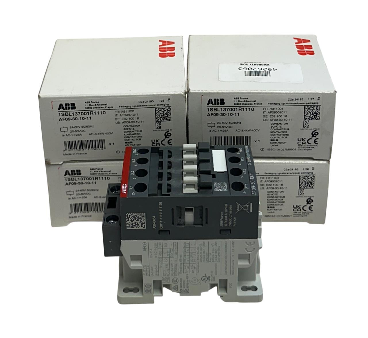 4 ABB AF09-30-10-11 / 1SBL137001R1110 CONTACTORS 3-POLE 400VAC 25AMP NSMP