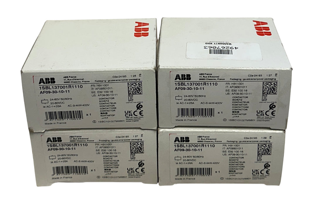 4 ABB AF09-30-10-11 / 1SBL137001R1110 CONTACTORS 3-POLE 400VAC 25AMP NSMP