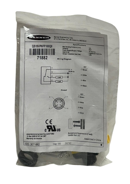 BANNER QS18VP6FF100Q8 / 71882 PHOTOELECTRIC SENSOR QS18 SERIES 10-30VDC PNP NSMP