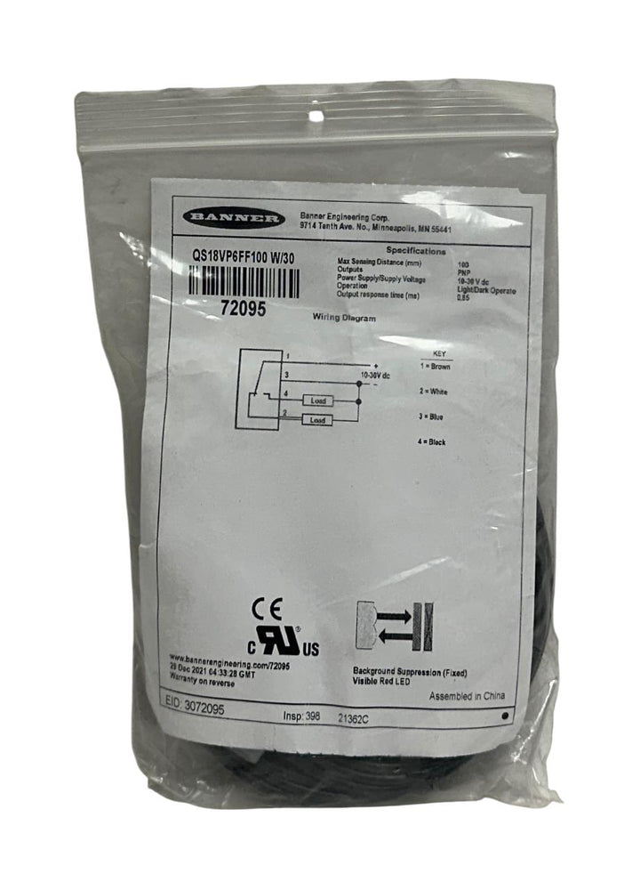 BANNER QS18VP6FF100 W/30 / 72095 WORLD-BEAM PHOTOELECTRIC SENSOR 10-30VDC NSMP
