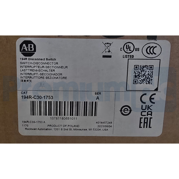 Allen Bradley 194R-C30-1753 /A Rotary Disconnect Switch 30A, 3P, 600V NSMP