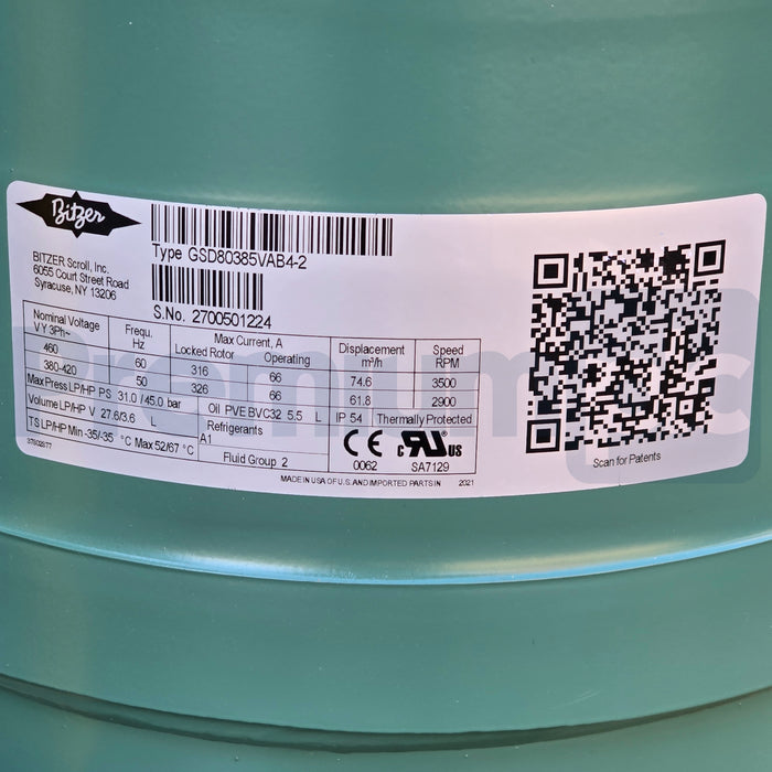 BITZER GSD80385VAB4-2 32t SCROLL COMPRESSOR 74.6 m³/h @3500RPM HFC - R410A NSNP