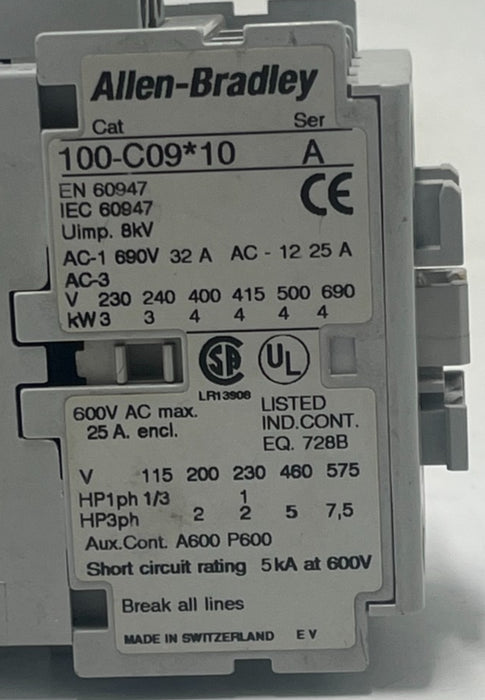 2 ALLEN BRADLEY 100-C09*10 /A IEC CONTACTOR 3P 9A, 110/120V COIL 100-C09D10 USPI