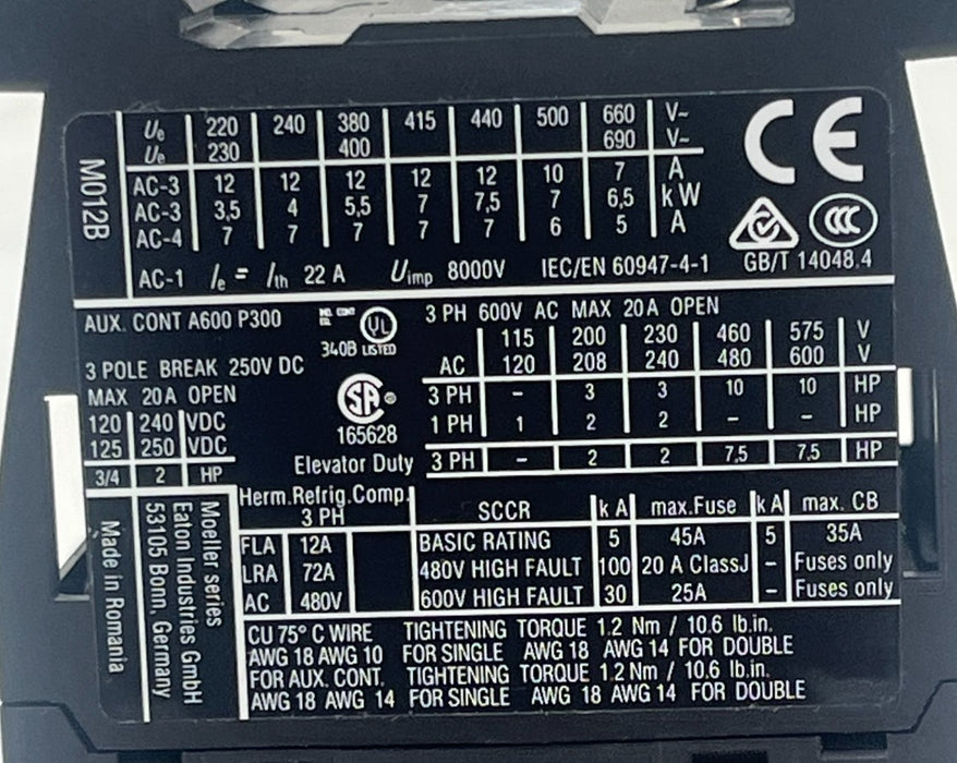 EATON DIL M12-10 / XTCE012B10 3-Pole IEC CONTACTOR XT IEC 12A 110V 50Hz NSNP