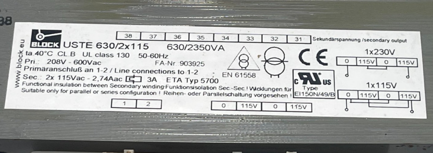 BLOCK USTE 630/2X115 630 VA Control‐/Isolating Transformer 2X115 V Output NSMP