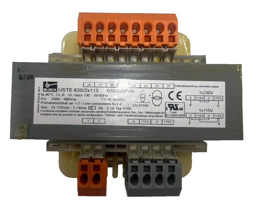 BLOCK USTE 630/2X115 630 VA Control‐/Isolating Transformer 2X115 V Output NSMP