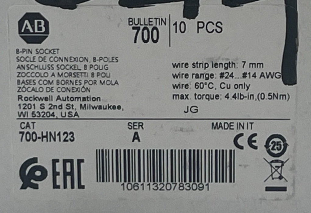 LOT OF 7 ALLEN BRADLEY 700-HN123 SER A RELAY SOCKETS MINIATURE 8PIN NSMP