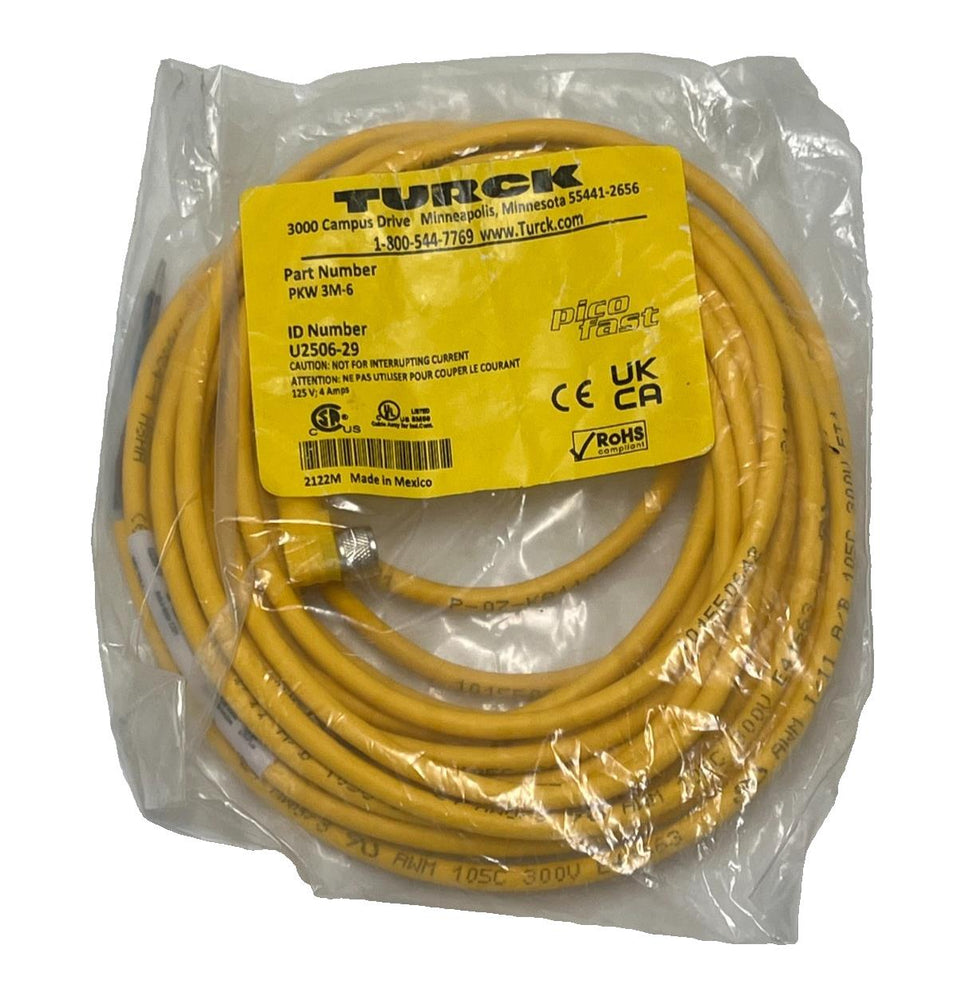 Turck PKW 3M‑6 M8 Female Right‑Angle 3‑Pin Cable 6 m Length NSMP