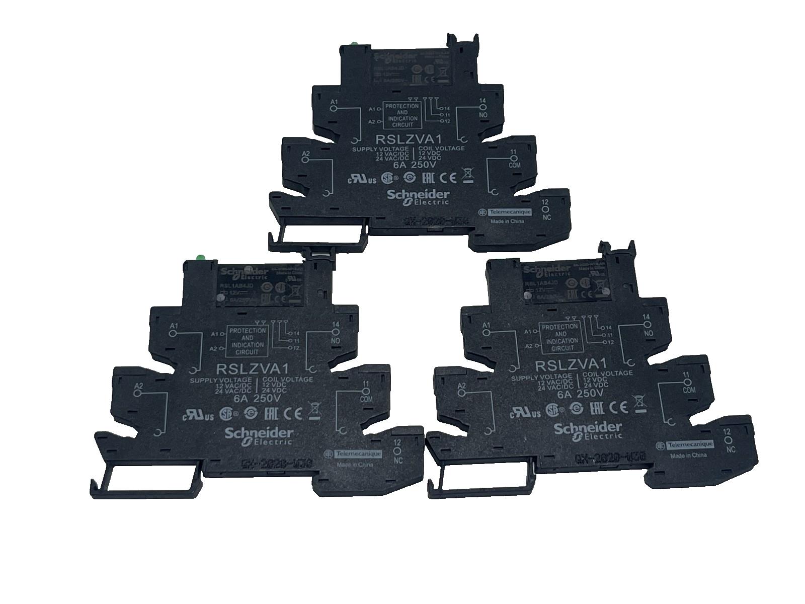 LOT OF 3 Schneider RSLZVA1/RSL1AB4JD Slim Interface Relay Socket w/ LED DIN Rail