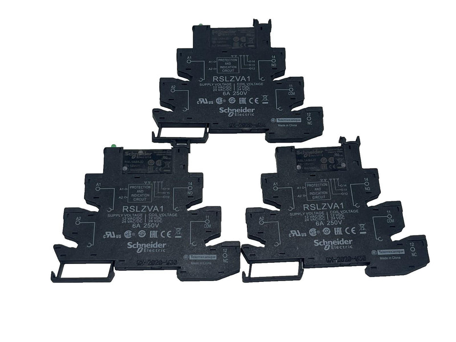 LOT OF 3 Schneider RSLZVA1/RSL1AB4JD Slim Interface Relay Socket w/ LED DIN Rail