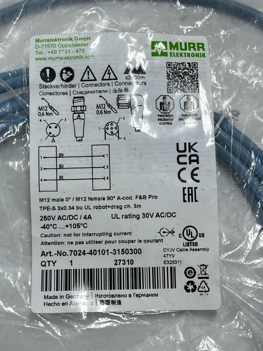 MURR ELEKTRONIK 7024-40101-3150300 M12 Cordset Male-Female 90° 3m F&B Pro