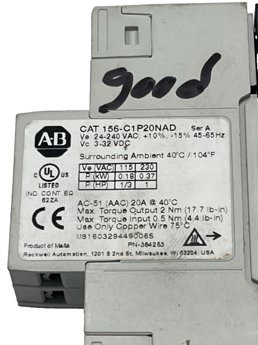 Allen-Bradley 156-C1P20NAD Ser A Solid State Contactor 1Phase 20A 240VAC 5-32VDC
