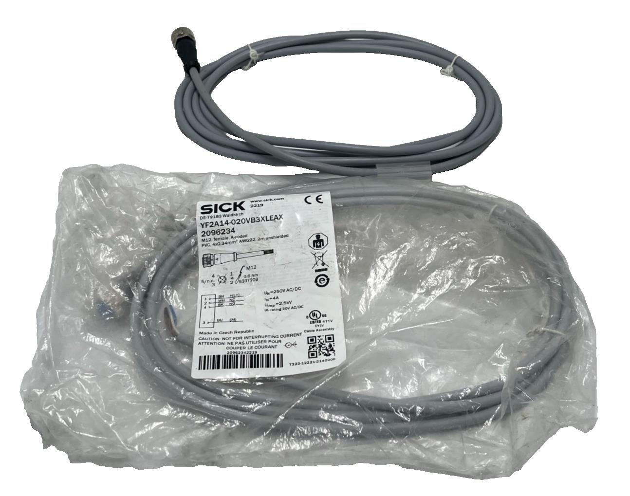 LOT OF 2 SICK YF2A14-020VB3XLEAX M12 to M12 Interconnect Cable 4-Pin 2m IP68