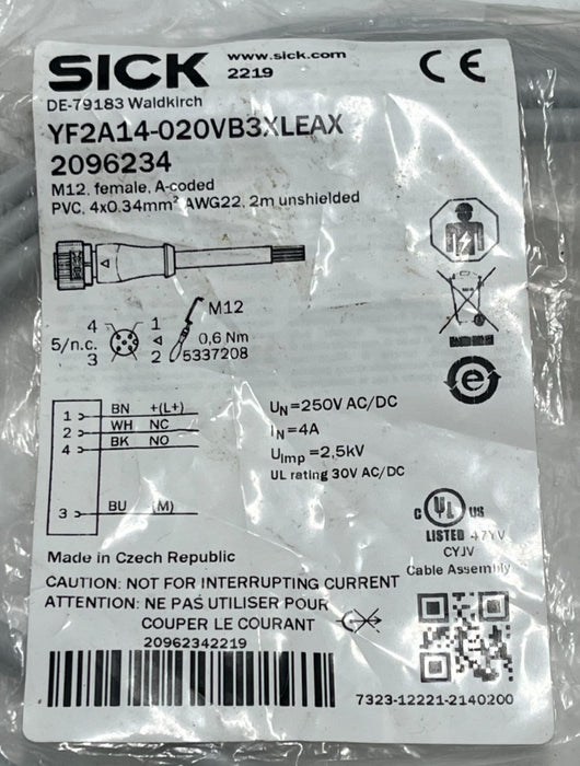 LOT OF 2 SICK YF2A14-020VB3XLEAX M12 to M12 Interconnect Cable 4-Pin 2m IP68