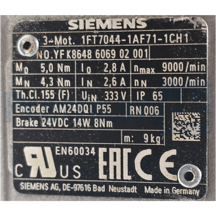 Siemens 1FT7044-1AF71-1CH1 SIMOTICS S Servo Motor Encoder AM24DQI w/Brake NSNP