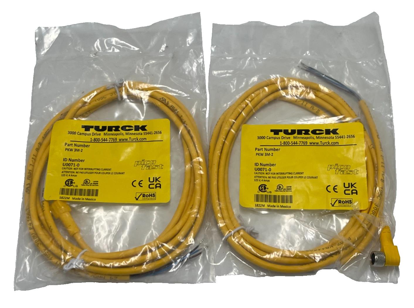 (2) TURCK PKW 3M-2 Right Angle Female M8 Cordset Cable 3-Pin Pigtail 2Meter NSMP