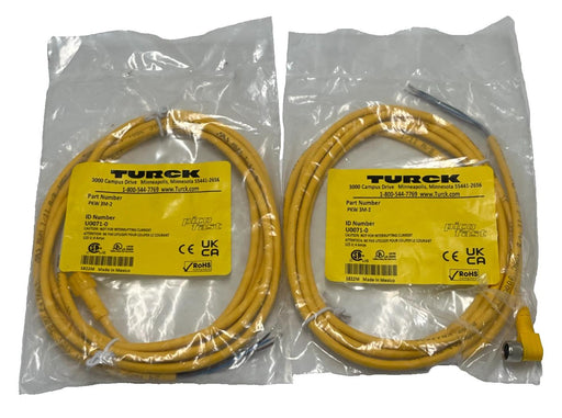 (2) TURCK PKW 3M-2 Right Angle Female M8 Cordset Cable 3-Pin Pigtail 2Meter NSMP