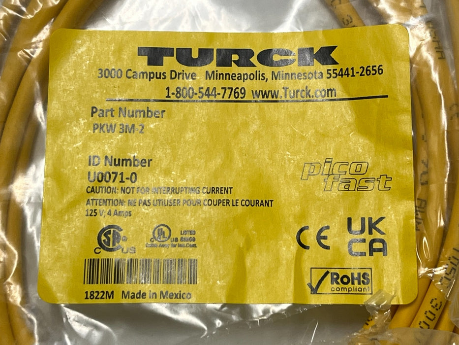 (2) TURCK PKW 3M-2 Right Angle Female M8 Cordset Cable 3-Pin Pigtail 2Meter NSMP