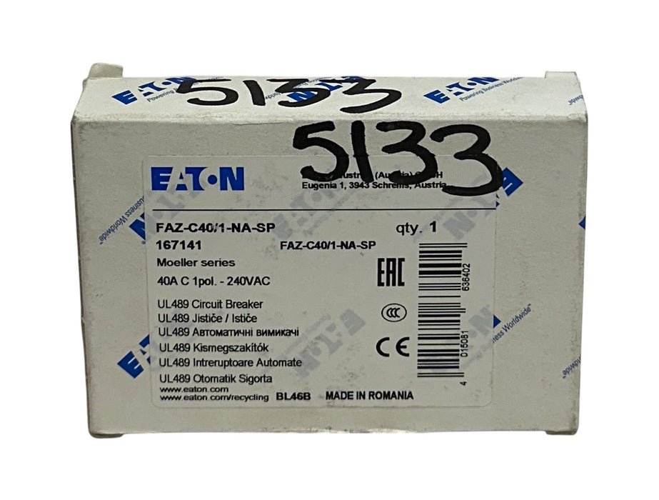 EATON FAZ-C40/1-NA-SP / 167141 MOELLER SERIES CIRCUIT BREAKER 40A 1P 240VAC NSMP