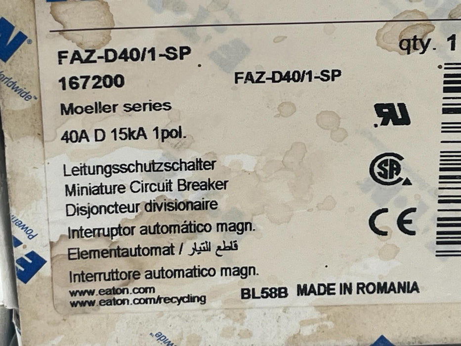 Eaton FAZ-D40/1-SP Miniature Circuit Breaker 40A Single Pole D Curve UL 1077
