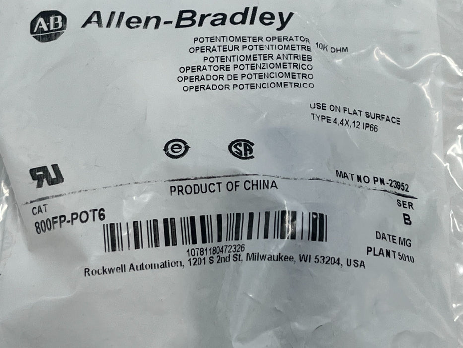 Allen Bradley 800FP-POT6 Ser B Potentiometer Operator 10k Ohm Panel Mount 22mm