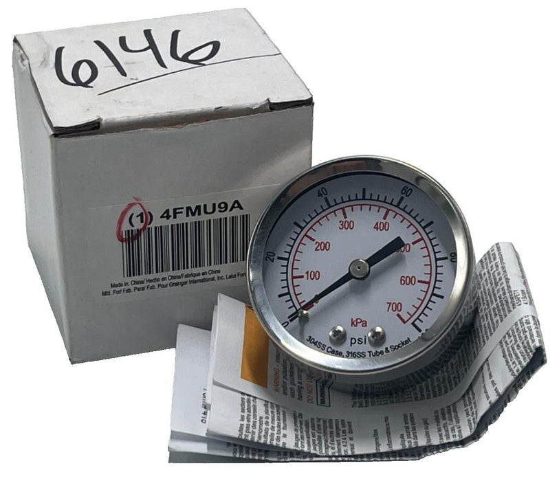 PRESSURE GAUGE 4FMU9A  0 psi / Hg to 100 psi 2" Dial, 1/4 in NPT Male, Dual