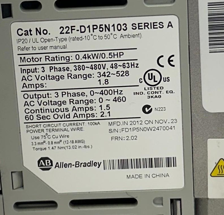 ALLEN BRADLEY 22F-D1P5N103 /A PowerFlex 4M AC DRIVE 0.4kW/0.5HP 380-480V USNP