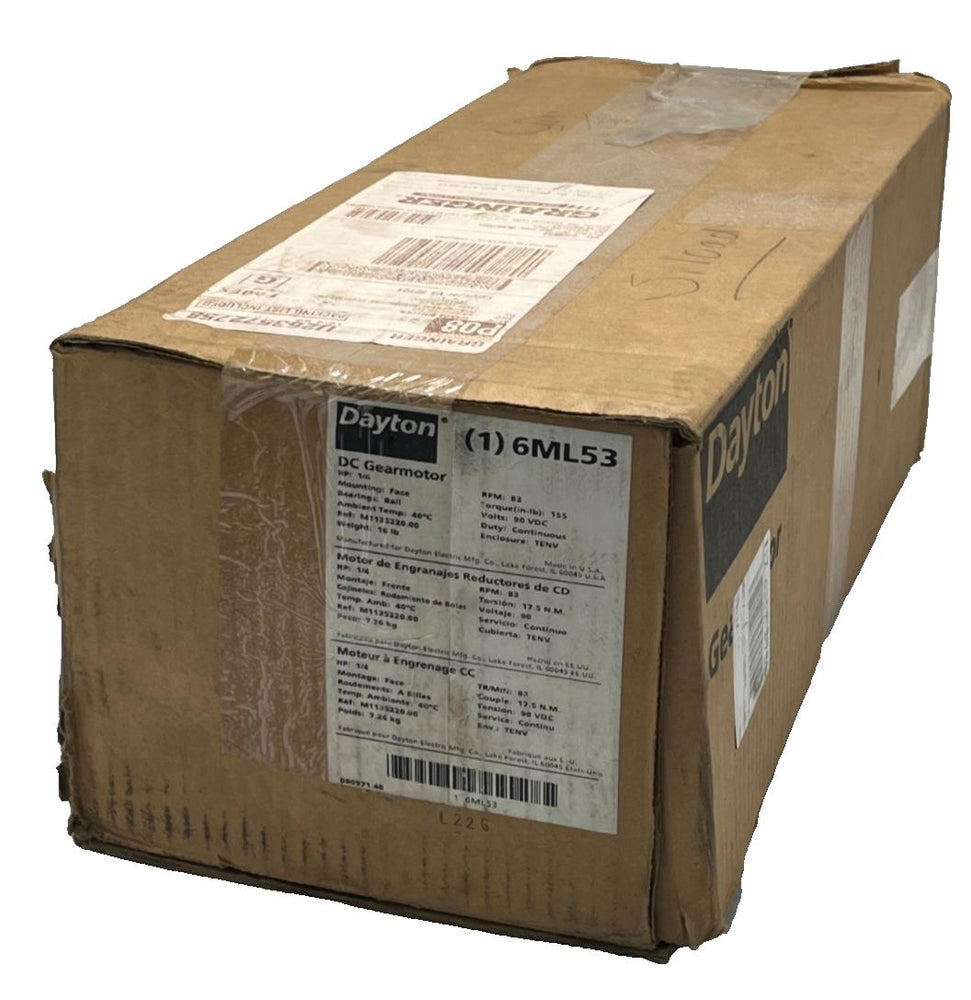 DAYTON 6ML53 DC Gearmotor 90V 83 RPM 1/4 HP 155 in-lb Max Torque TENV, NSMP