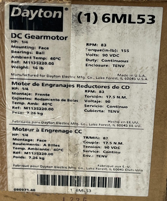 DAYTON 6ML53 DC Gearmotor 90V 83 RPM 1/4 HP 155 in-lb Max Torque TENV, NSMP