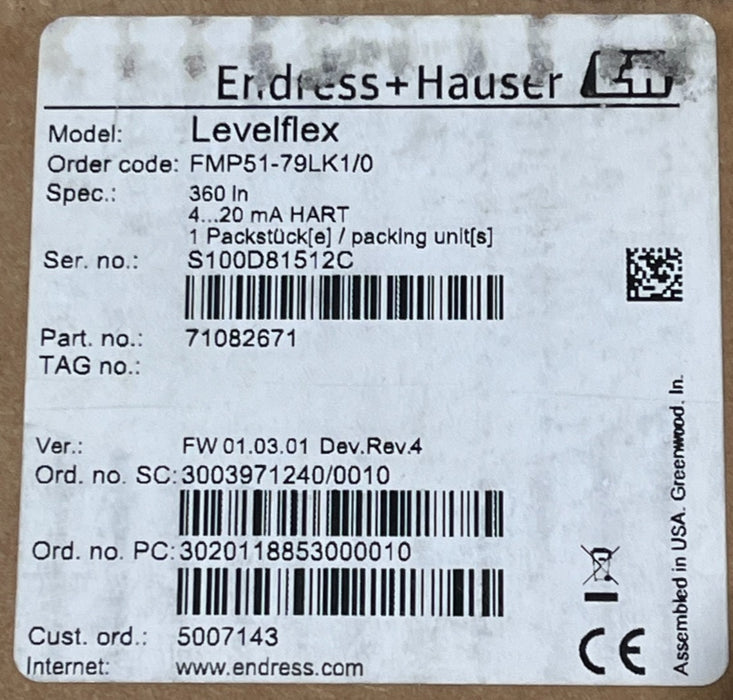 Endress+Hauser FMP51 LevelFlex 71082671 Guided Radar Level Transmitter 4-20mA