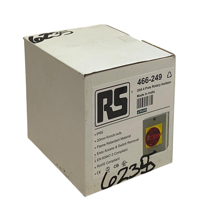 RS PRO 466-249 / 466249 ROTARY ISOLATOR 20A 4-POLE IP65 20mm KNOCK-OUTS OEM NSFS