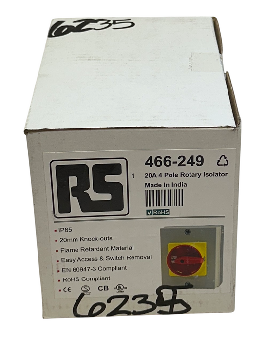 RS PRO 466-249 / 466249 ROTARY ISOLATOR 20A 4-POLE IP65 20mm KNOCK-OUTS OEM NSFS