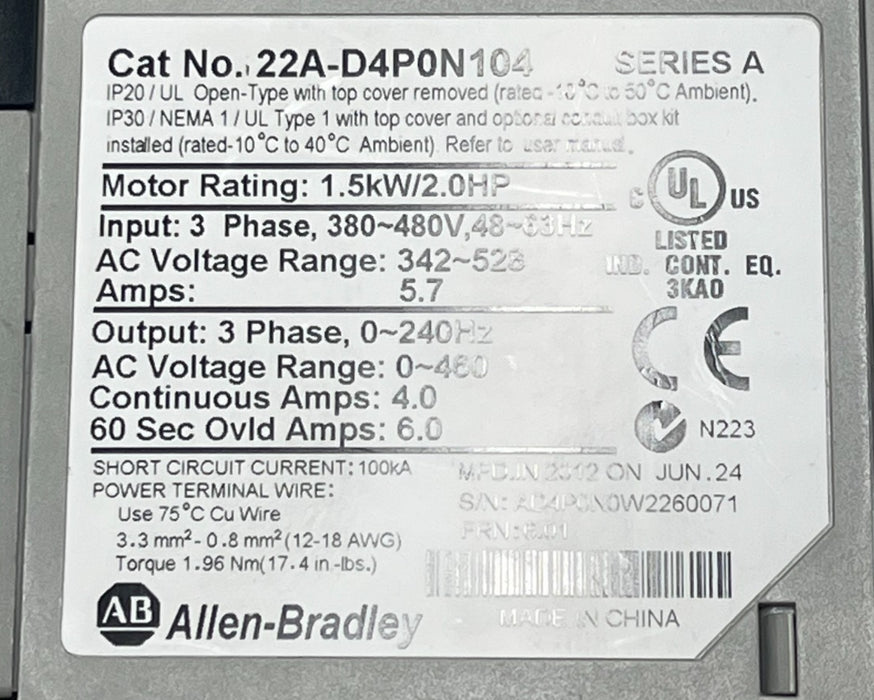 ALLEN-BRADLEY 22A-D4P0N104 Ser A PowerFlex 4 VFD 2 HP 480V 3PH AC Drive