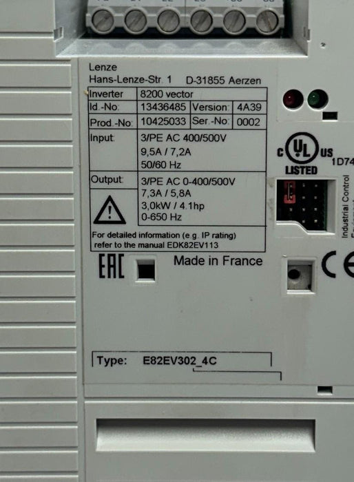 LENZE E82EV302_4C / E82EV302K4C VER. 4A39 8200 VECTOR INVERTER 3kW 13436485 NUPI