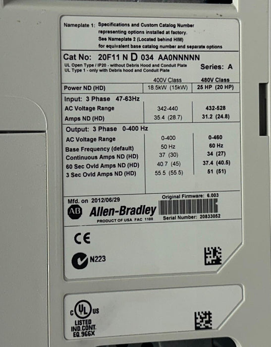 ALLEN BRADLEY 20F11ND034AA0NNNNN /A PowerFlex 753 AC DRIVE 25HP (20HP) 3PH USNP