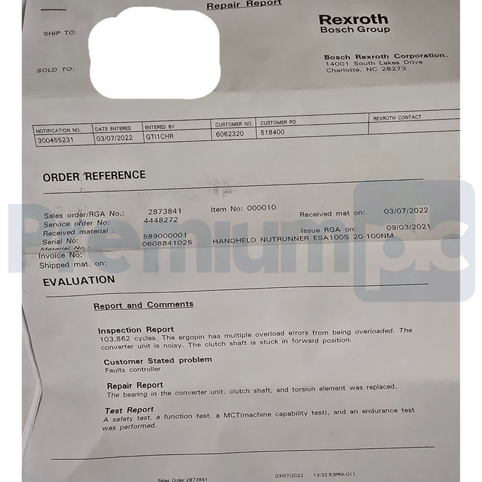 Bosch Rexroth ESA100S | 0608841025 Handheld Nutrunner 20-100NM 3~230V REPAIRED