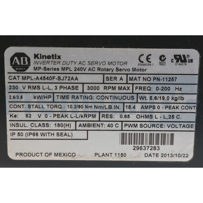 Allen Bradley MPL-A4540F-SJ72AA /A Kinetix MP Low-Inertia Servo Motor 240V NSNP