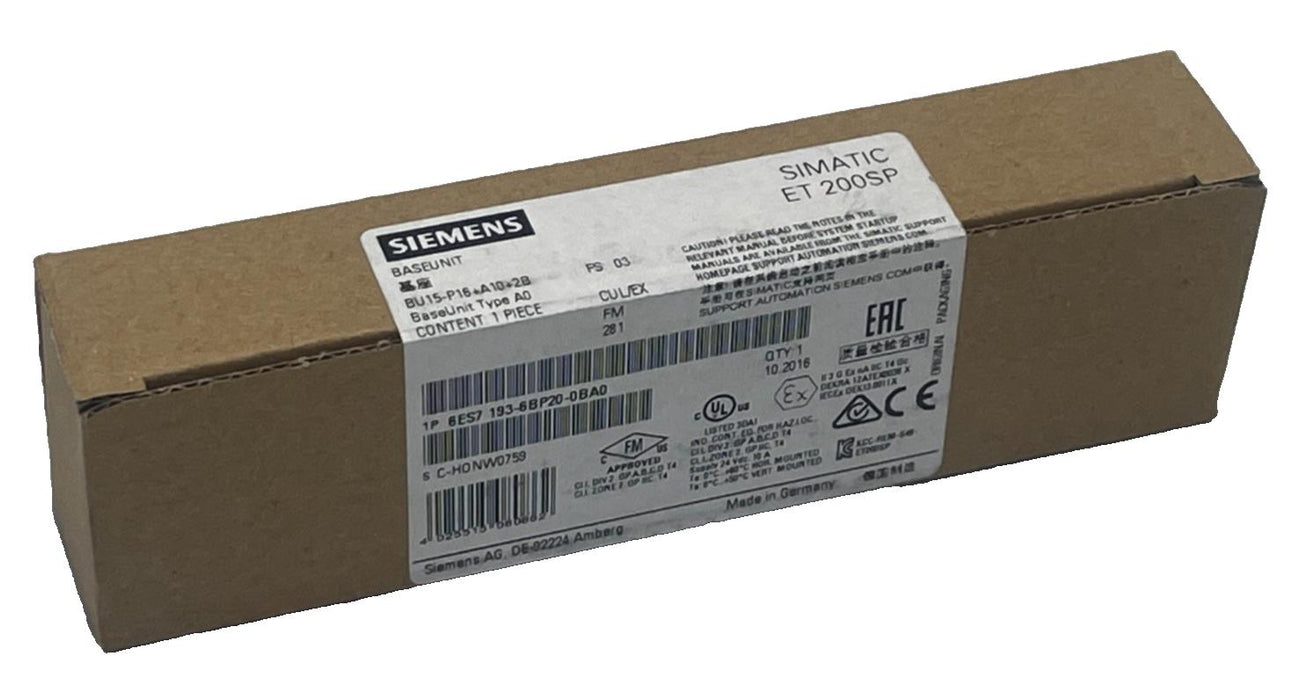SIEMENS 6ES7193-6BP20-0BA0 SIMATIC ET 200SP BaseUnit BU15-P16+A10+2B TYPE A0