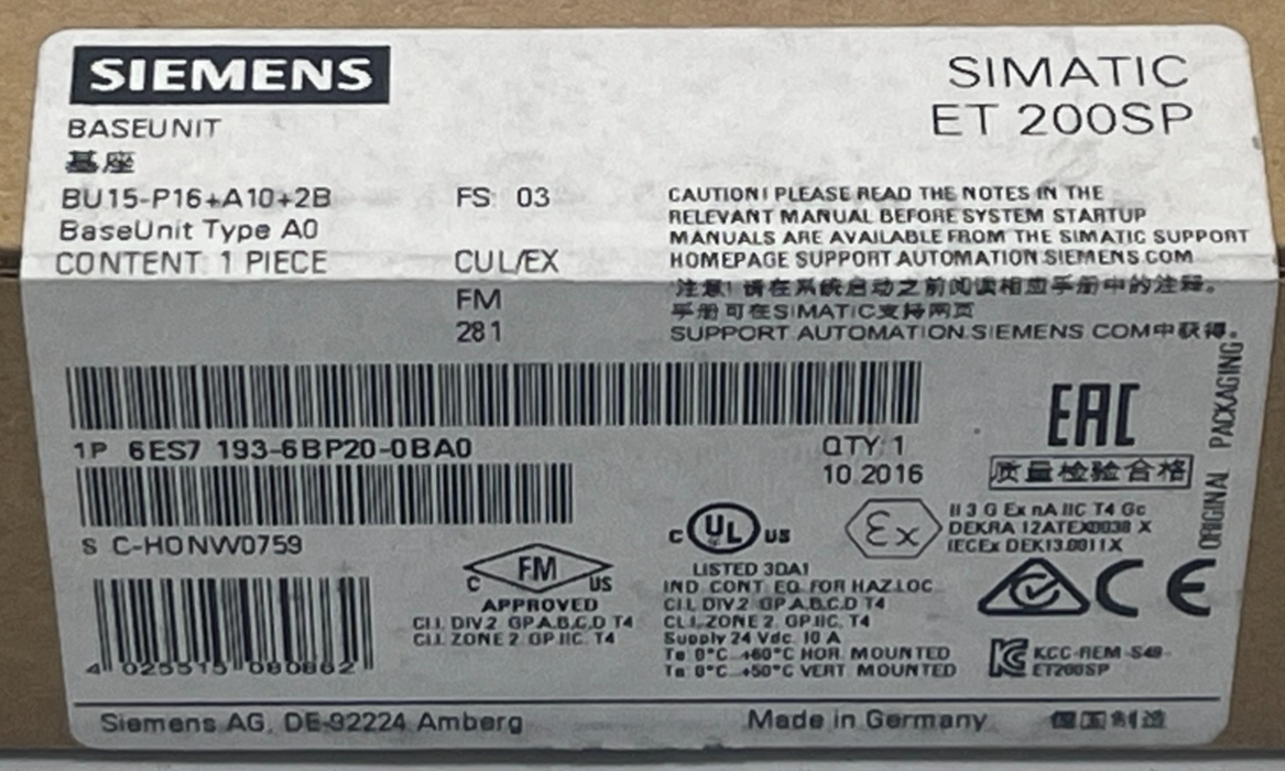 SIEMENS 6ES7193-6BP20-0BA0 SIMATIC ET 200SP BaseUnit BU15-P16+A10+2B TYPE A0