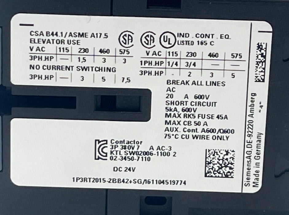SIEMENS Sirius 3RT2015-2BB42 Contactor 7A 24VDC 3-Pole Size S00 DIN Rail Mount