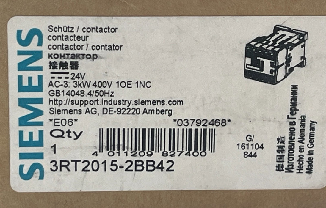 SIEMENS Sirius 3RT2015-2BB42 Contactor 7A 24VDC 3-Pole Size S00 DIN Rail Mount