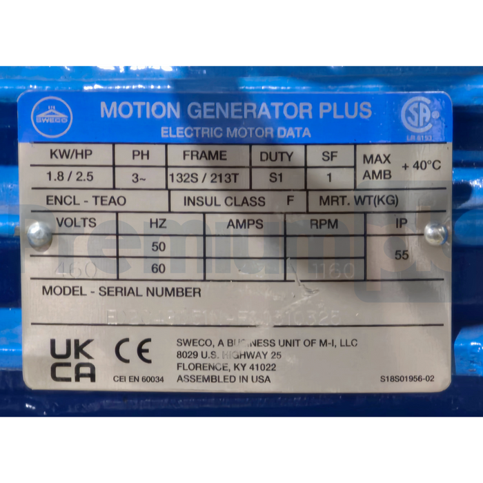 SWECO E02C48051N Motion Generator Plus 1.8kW/2.5HP 3~460V 1160RMP 132S/213T NSNP