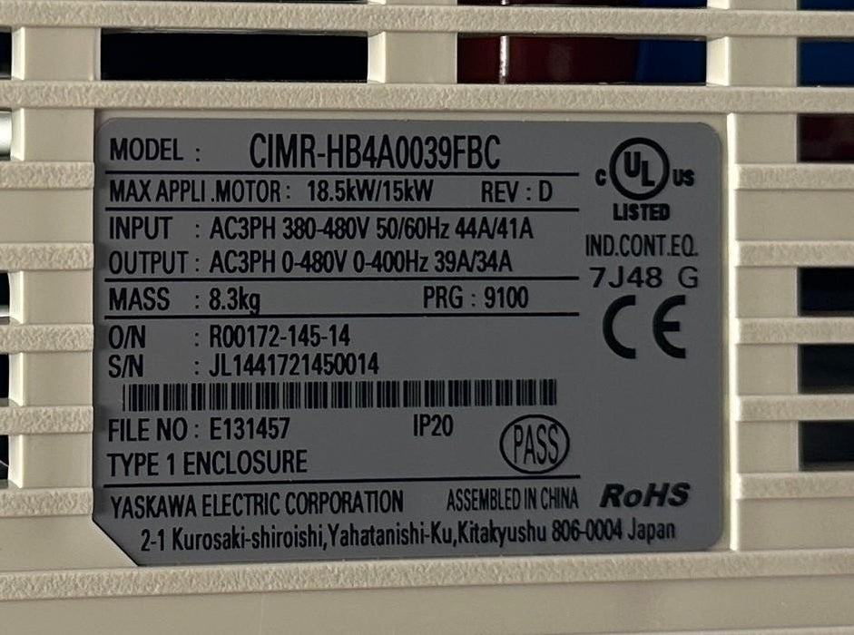 YASKAWA CIMR-HB4A0039FBC / H1000 AC DRIVE Rev. D 18.5kW/15kW 380-480VAC 3PH NSMP