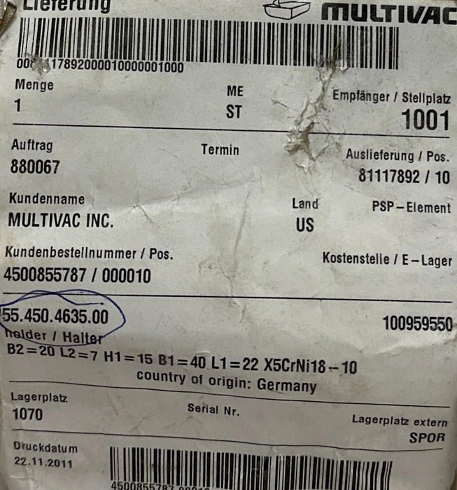 MULTIVAC 55.450.4635.00 / 55450463500 OEM Holder B2=20 L2=7 H1=15 B1=40 NSMP