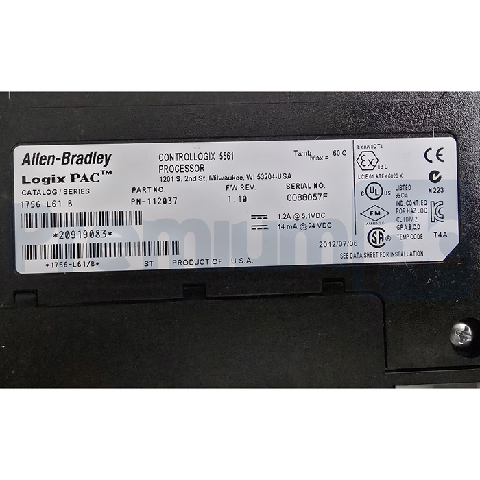 Allen Bradley 1756-L61 /B ControlLogix 5561 Processor 2MB MEM RS-232 NSMP (read)
