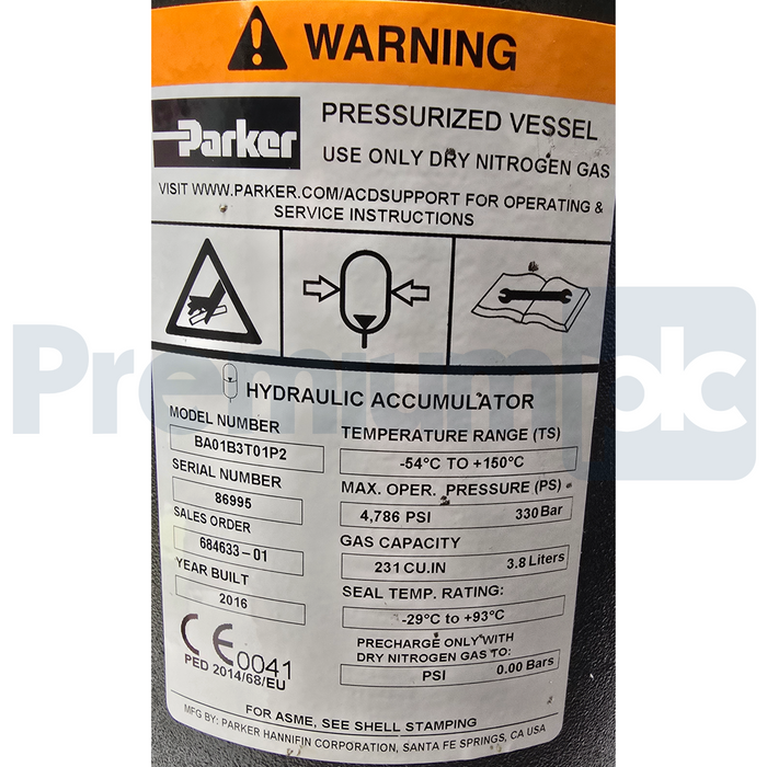 Parker BA01B3T01P2 Hydraulic Bladder Accumulator 1 Gal. 330 Bar BA01B3T01A1 NSMP