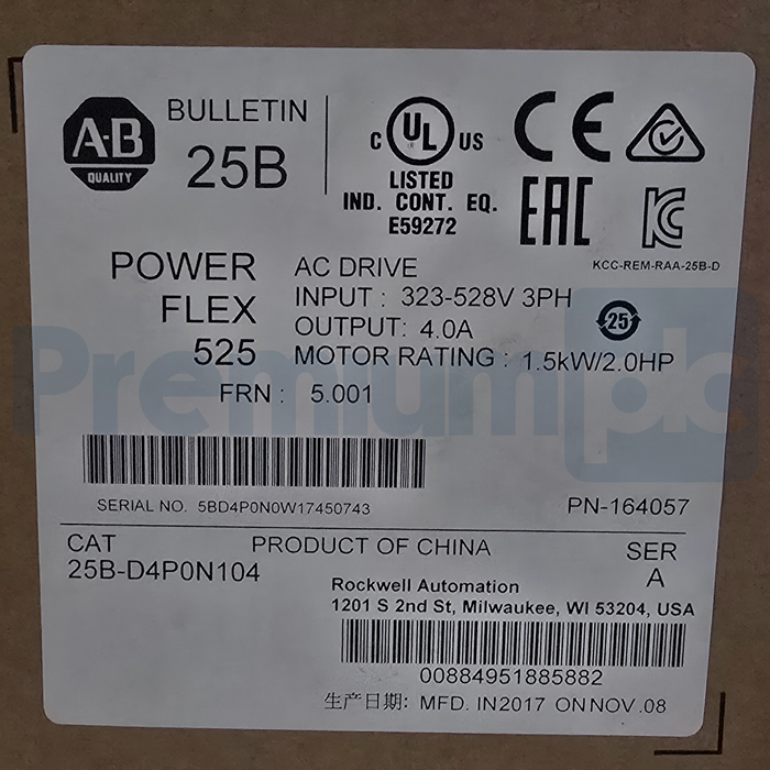Allen Bradley 25B-D4P0N104 /A PowerFlex 525 AC Drive 2HP 480V 3PH FRN 5.001 NSMP