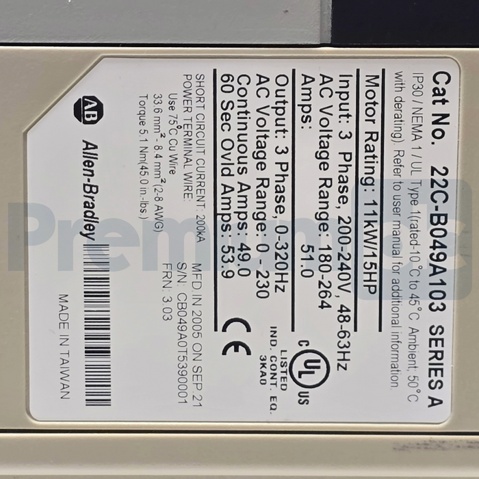 Allen Bradley 22C-B049A103 /A PowerFlex 400 Fan/Pump Drive 15HP 240V 49A REFURB