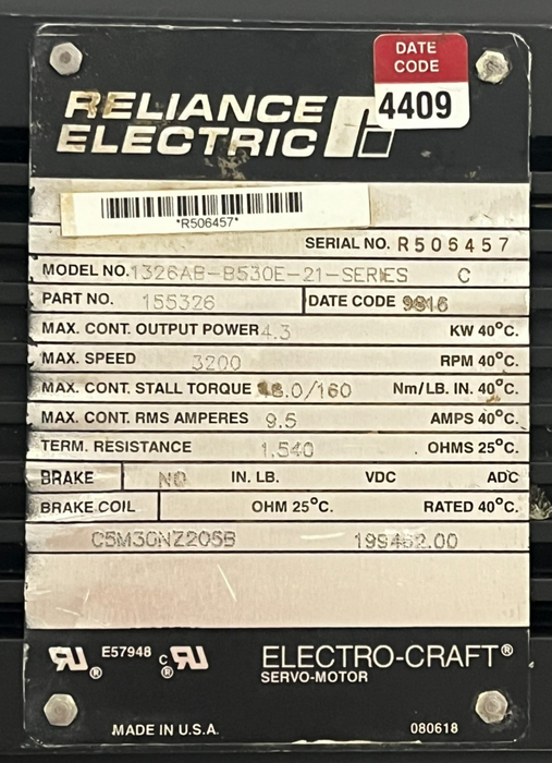 RELIANCE 1326AB-B530E-21 Series C Servo Motor 3000 RPM 2000 Peak Oz-In A-B